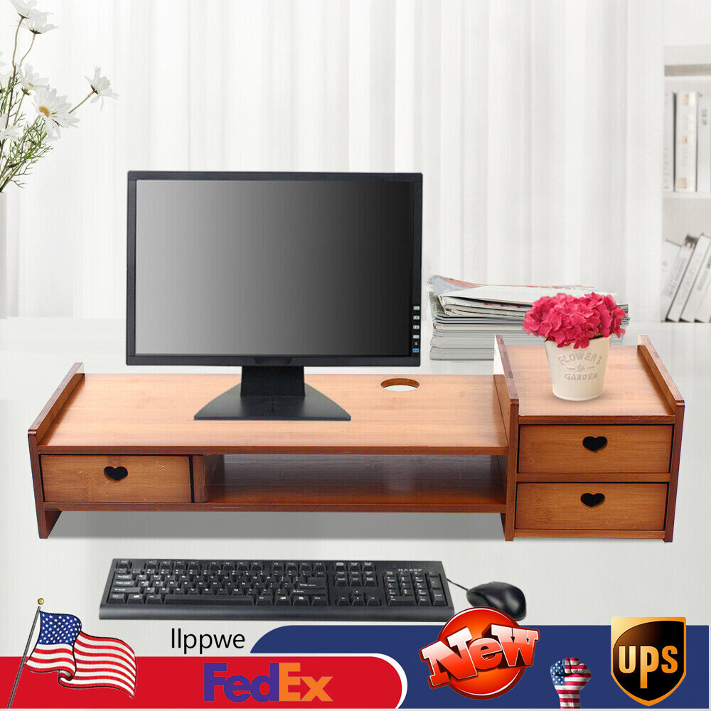 Bamboo Monitor Stand with Storage Drawer for Desk & Laptop Organization