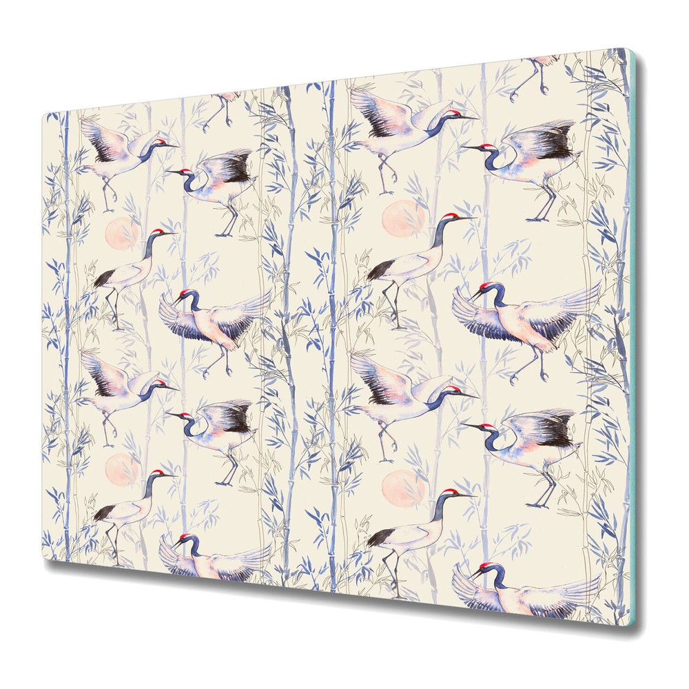 Glass Kitchen Chopping Board Worktop Saver Dancing cranes white and blue 60x52