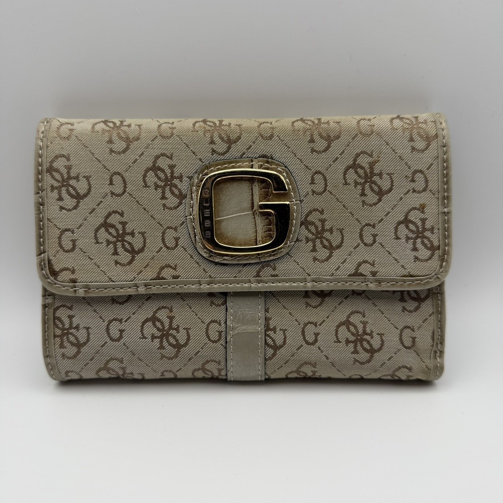 GUESS Women’s Trifold Wallet Beige Brown Logo Monogram Gold Hardware
