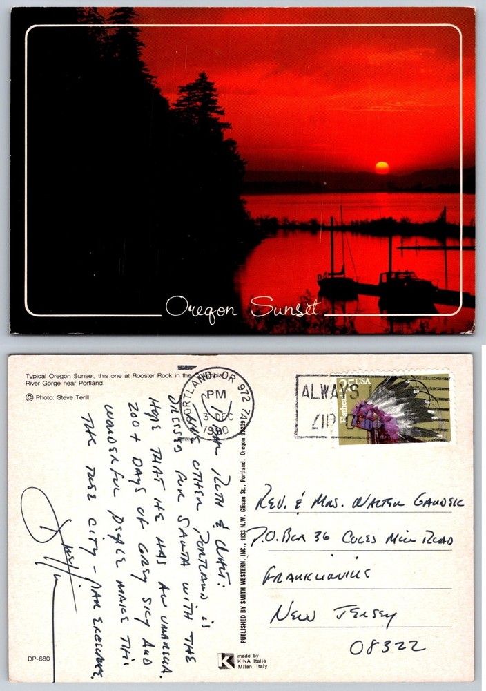 Vintage 1980 Oregon Sunset Postcard Rooster Rock Columbia River Gorge Portland