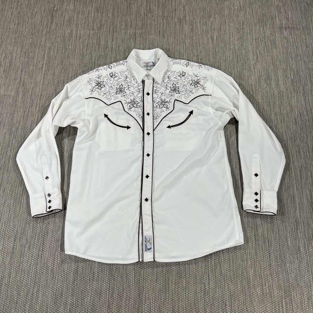 Panhandle Slim Shirt Men’s L White Retro Brown Embroidered Western Wear Accents