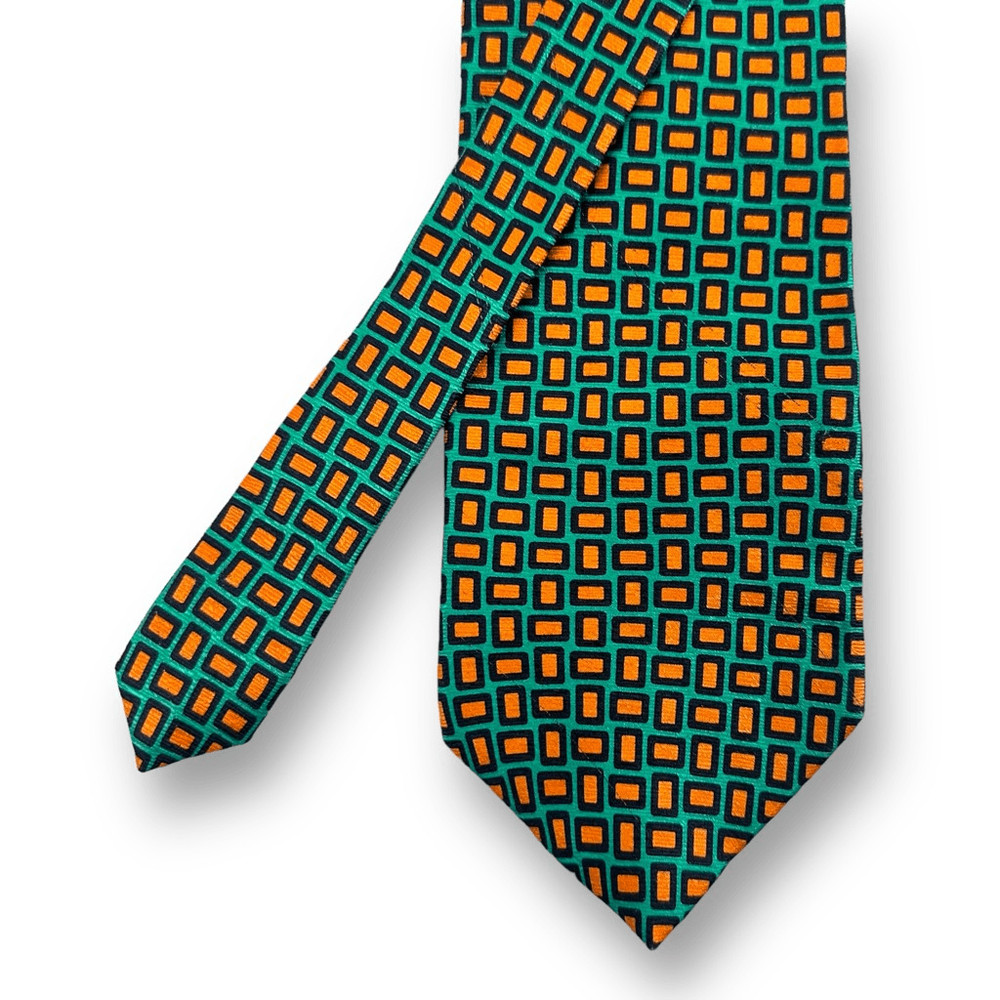 Vintage Gap Premium Retro Square Print Neck Tie Kelly Green Orange 100% Silk