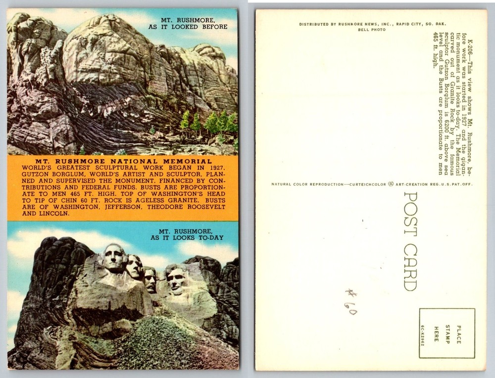 Mt Rushmore Before & After Postcard Black Hills South Dakota Presidents