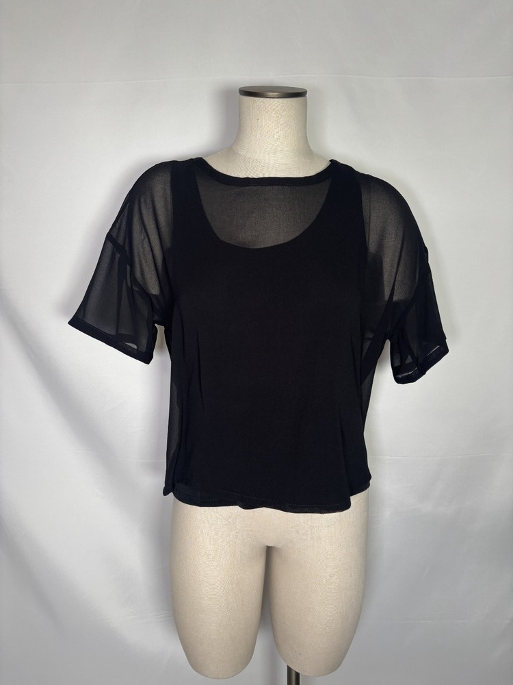 DKNY Women's Black Chiffon Sheer Short Sleeve Blouse Shirt Top Size Small