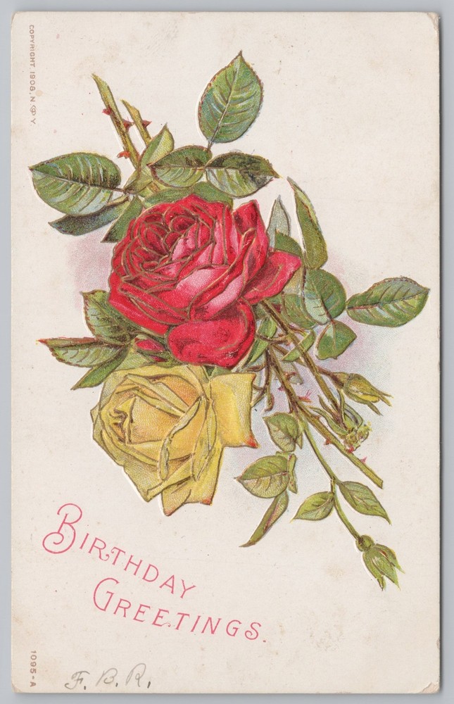 Greetings~Dark Red & Yellow Rose~Embossed Vintage Postcard