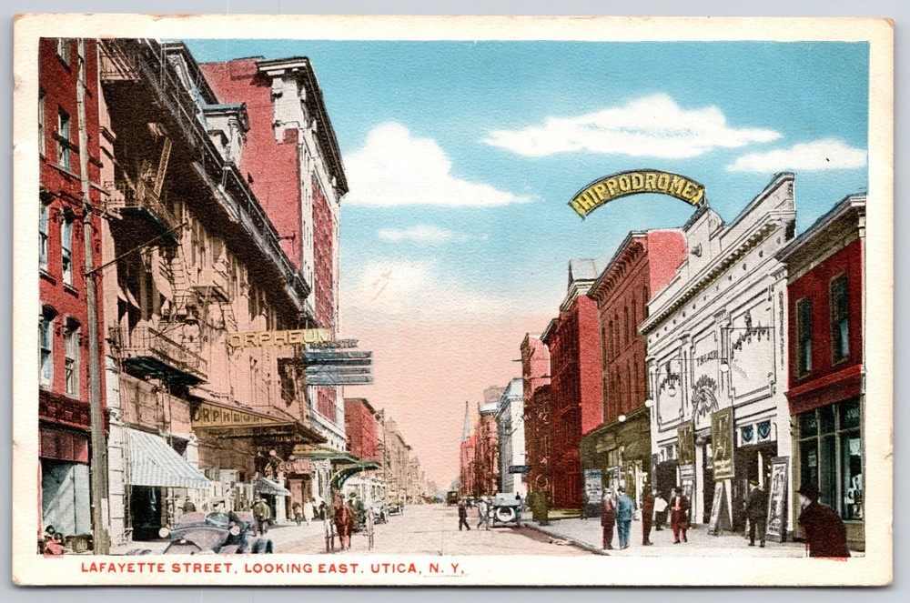 NY Utica Lafayette Street Orpheum Hippodrome Theaters Storefronts Postcard