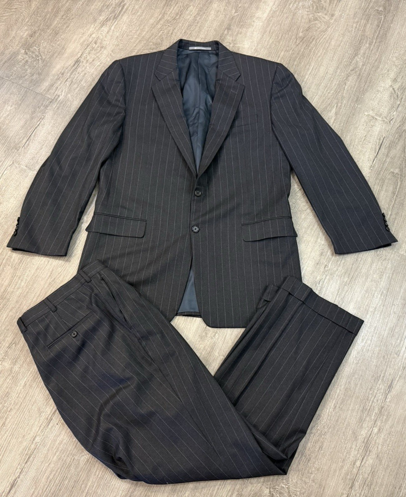 Hickey Freeman Madison 44L Black Pinstripe Tasmanian Super 130s Wool 2 pc Suit