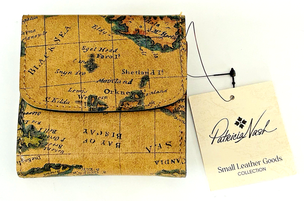 Patricia Nash Bi-Fold RFID Wallet. European Map Print Astra in Genuine Leather.