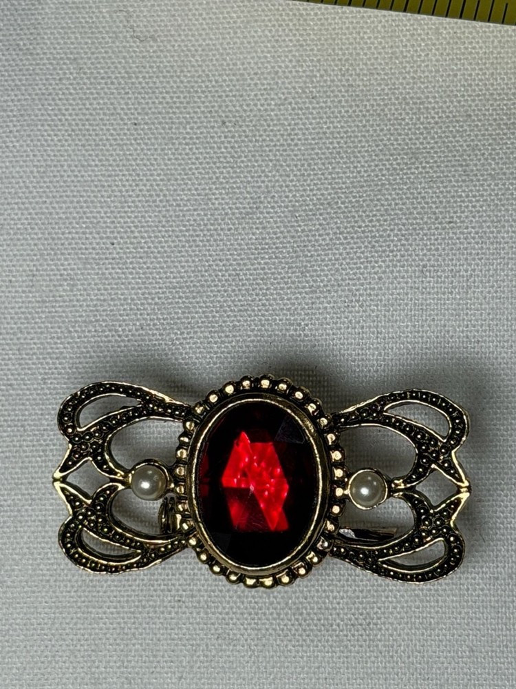 Vintage Victorian Revival Gold-Tone Brooch w/ Red Glass Cabochon and faux Pearls