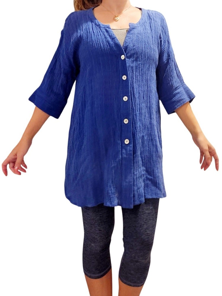 Soft Surroundings Blue Gauzy Button Front Long Tunic Top Linen Medium Lagenlook