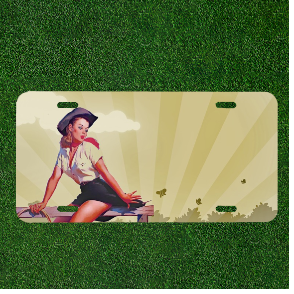 Custom Personalized License Plate Auto Tag With Women Sitting Design Art