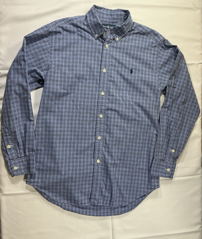 Ralph Lauren Boys Large 14-16 Blue Plaid Button Down Shirt Long Sleeve Cotton