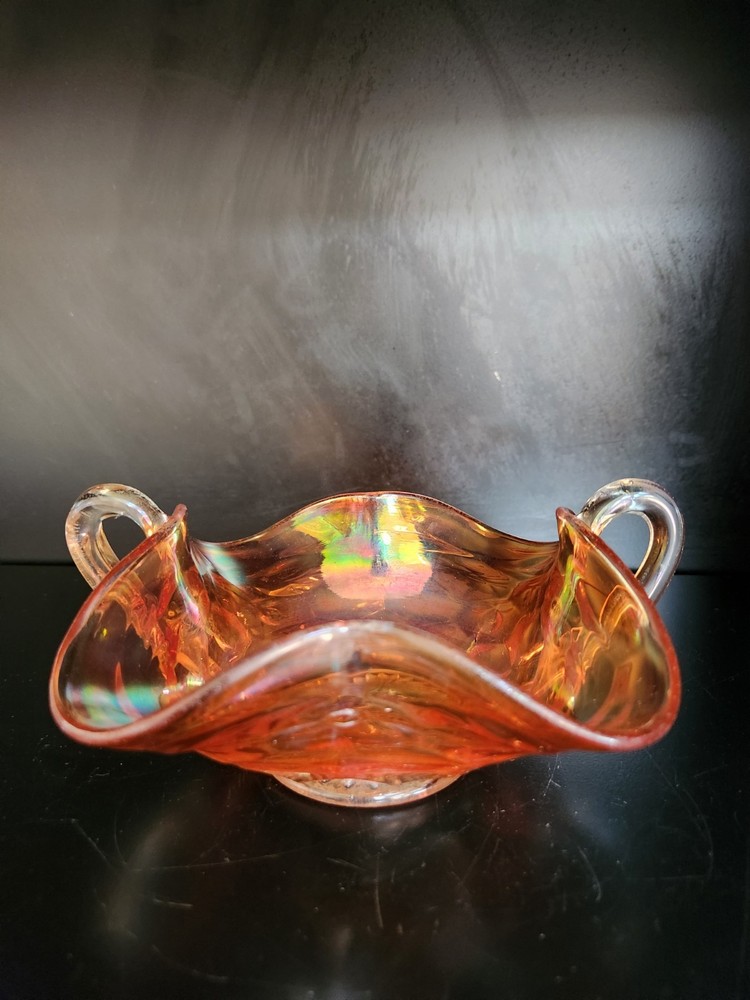 Fenton Honeycomb Clover Marigold Carnival Glass Bonbon Dish with 2 Handles