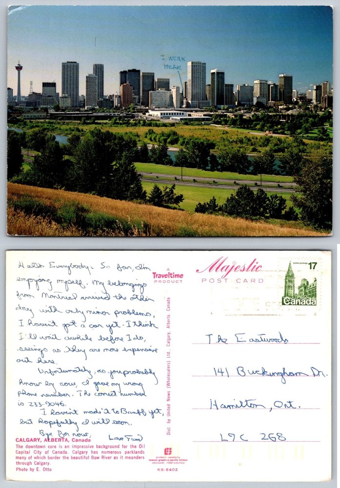 Vintage Calgary Alberta Skyline Postcard - Bow River & Downtown View