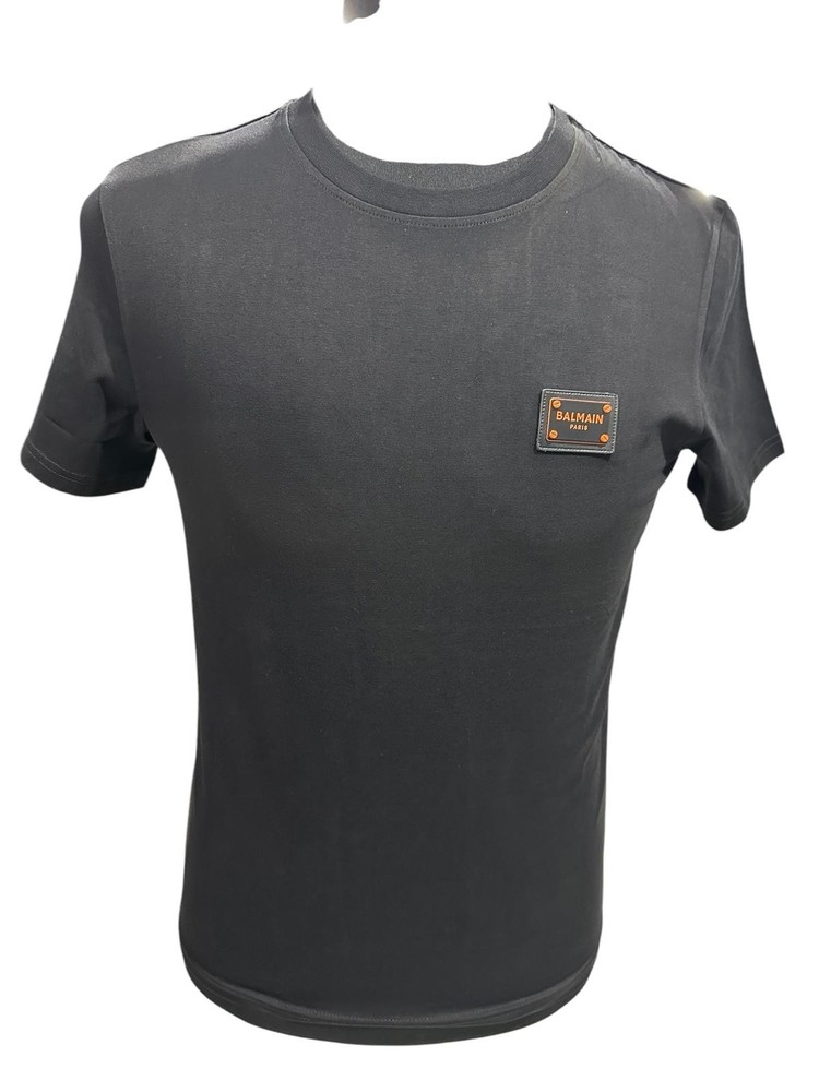 Balmain Velvet Orange Lettered Black T Shirt L
