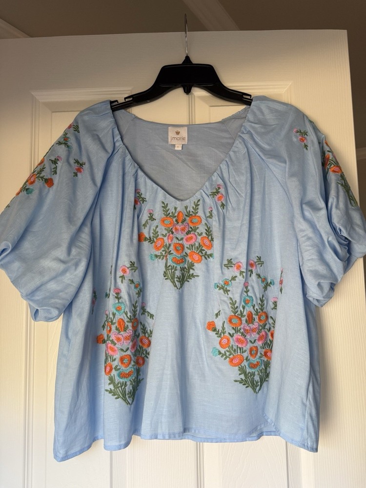 J Marie NWT Orig. $150 Embroidered Light Blue Astrid V Neck Top Size L