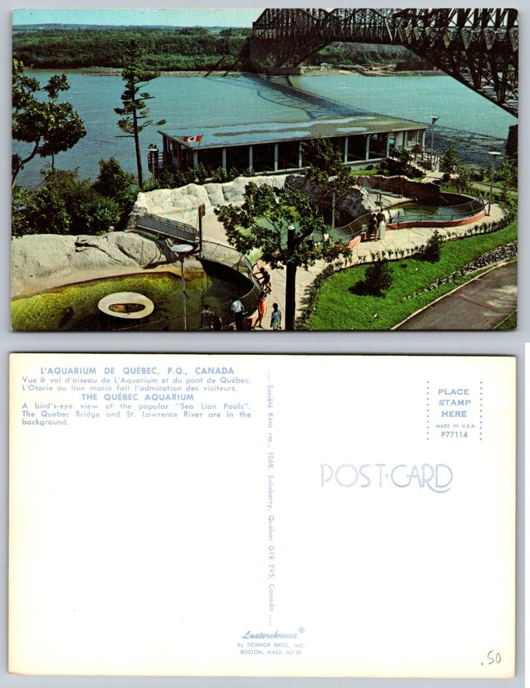 Quebec Aquarium Sea Lion Pools Postcard, St. Lawrence River & Bridge
