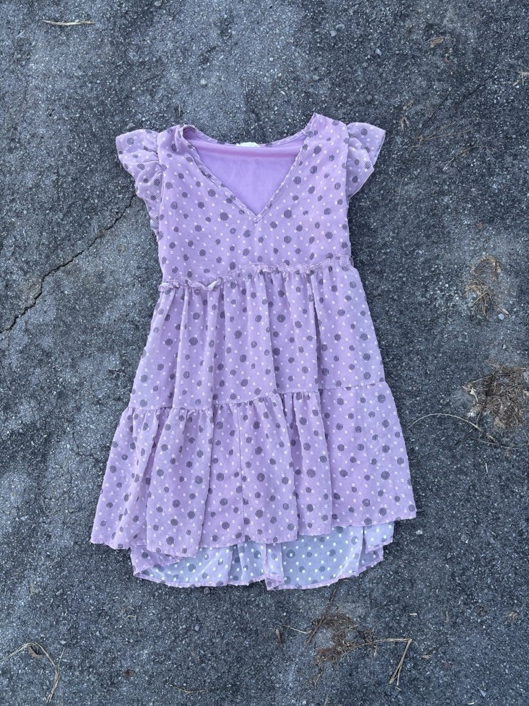 Altar'd State Lavender Polka Dot Ruffle Flutter Short Sleeve V-Neck Dress S