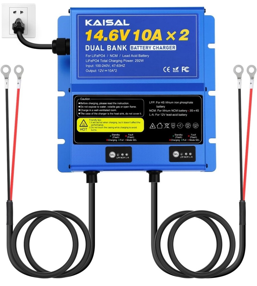 2 Bank Marine Battery Charger 12V 20A(10A/Bank) IP67 Waterproof 14.6V LiFePO4 &