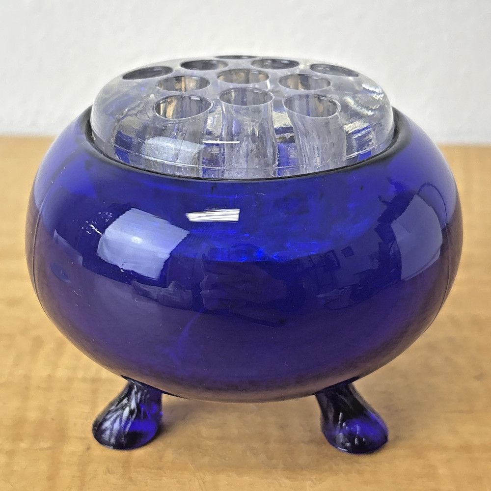 Vintage MCM Cobalt Blue Viking Flower Frog Vase Blown Glass