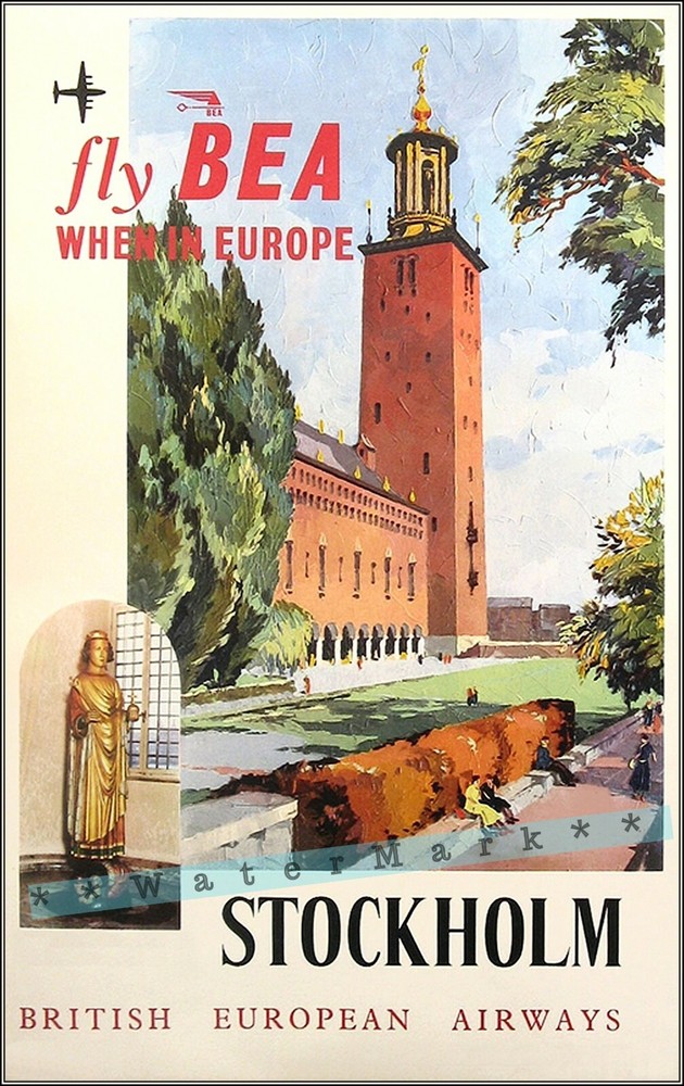 Stockholm Sweden 1960 Fly BEA When In Europe Vintage Poster Print Wall Art Decor