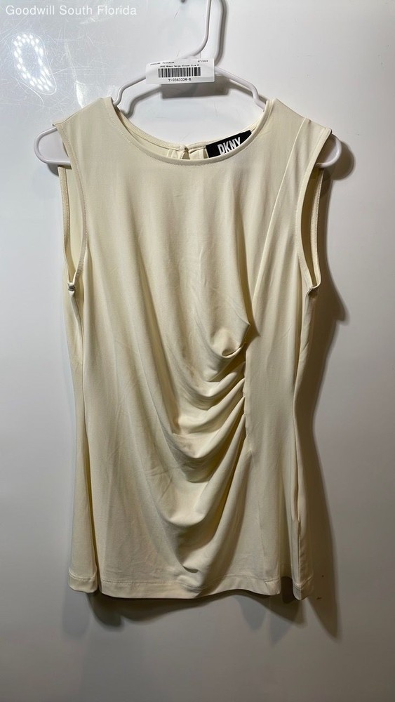 DKNY Womens Beige Round Neck Sleeveless Draped Blouse Top Size Medium