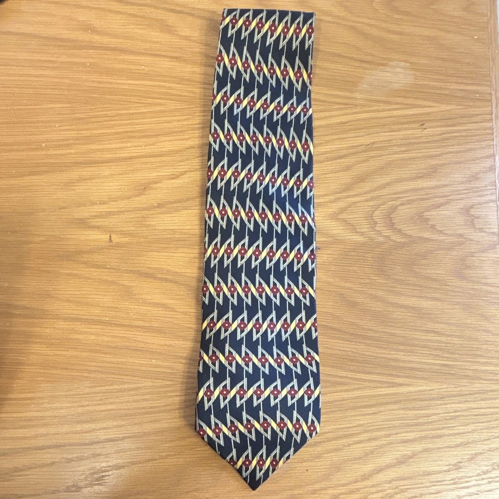 Robert Stewart Men's Woven Silk Pointed Tie Navy Gold Red Gray Geometric
