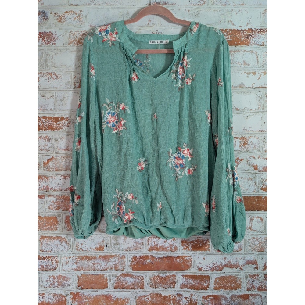 Figueroa & Flower Anthropologie Embroidered Blouse Womens XL Green Boho Floral