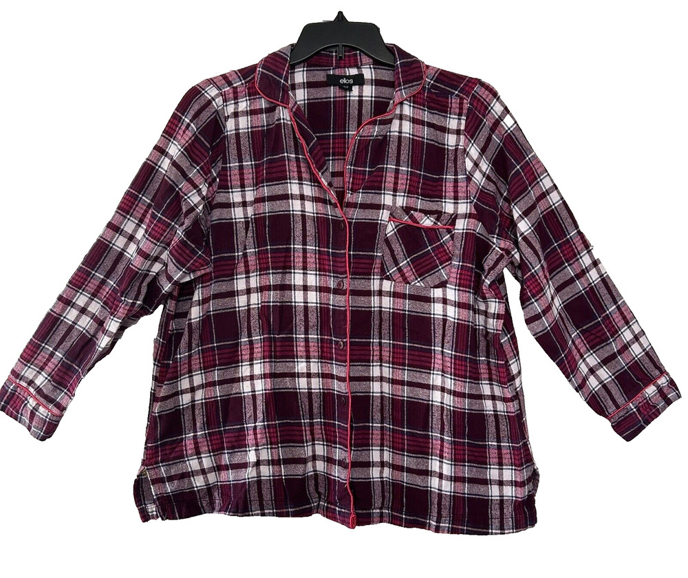 Ellos Womens Red Purple Plaid Flannel Long Sleeve Shirt Size 18/20 - Top Only