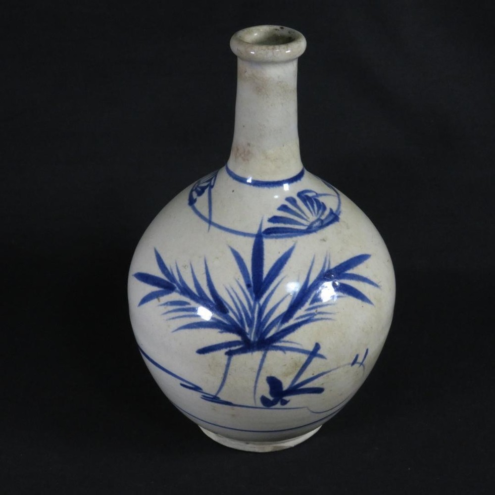 Blue & White Edo Period Sake Bottle Folk Art Vase Decorative Pot