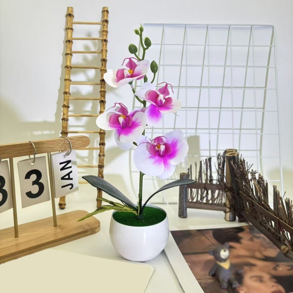 Butterfly Orchid Faux Silk Four Flower Arrangement in Round Belly Pot for Decor