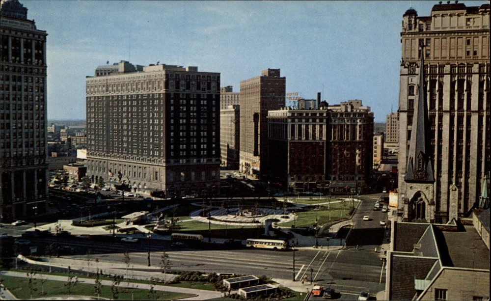 Michigan Detroit Grand Circus Park aerial view ~ 1950-60s vintage postcard