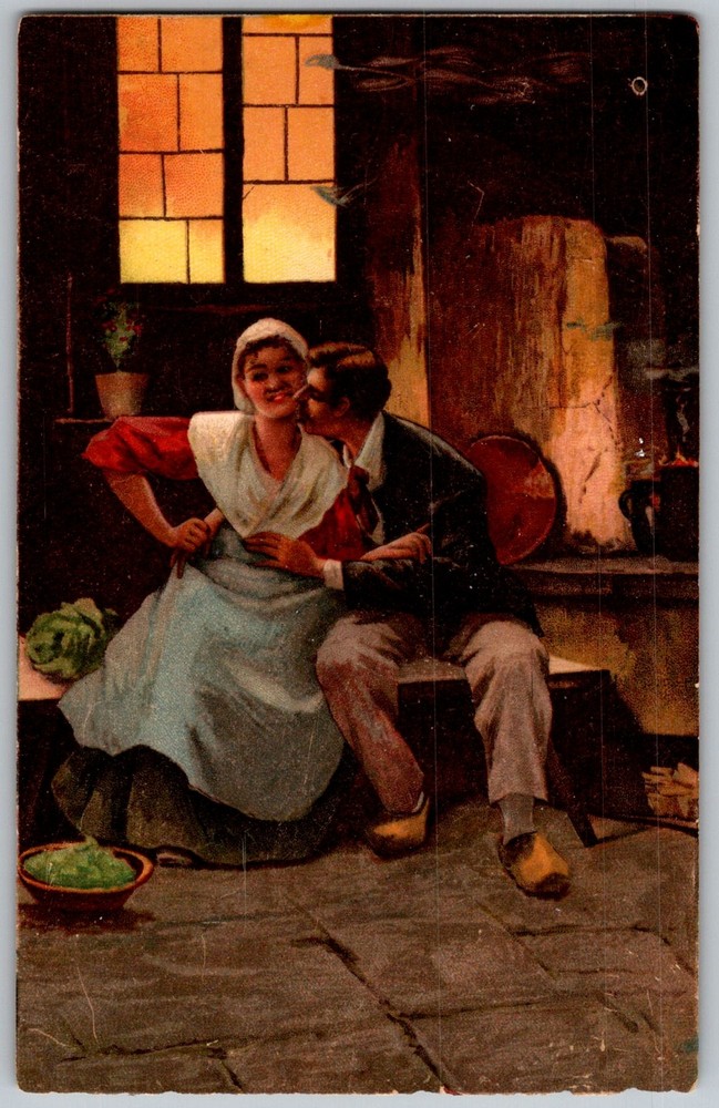 Antique Postcard Cottage Couple Kissing 1910s