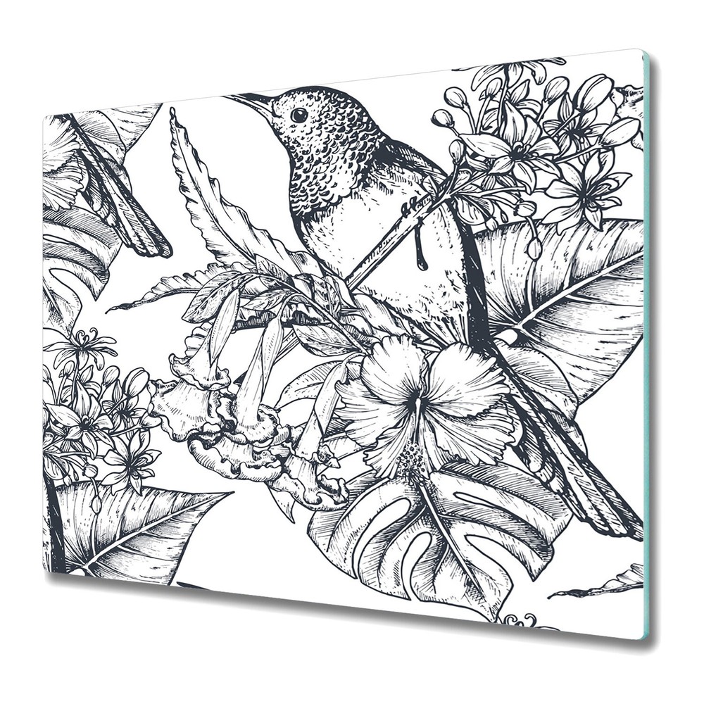 Tempered Glass Worktop Saver Hand drawn birds grey 60x52