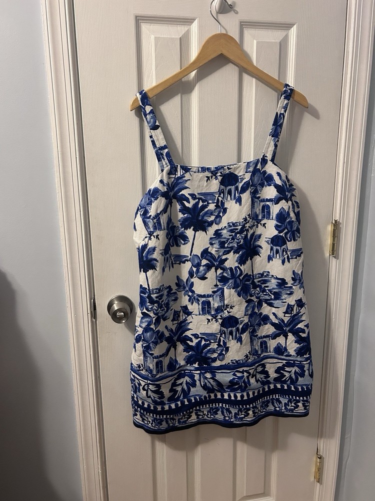 LOFT Women's Floral Sundress Blue White Size 14 Sleeveless Lined 100% Cotton