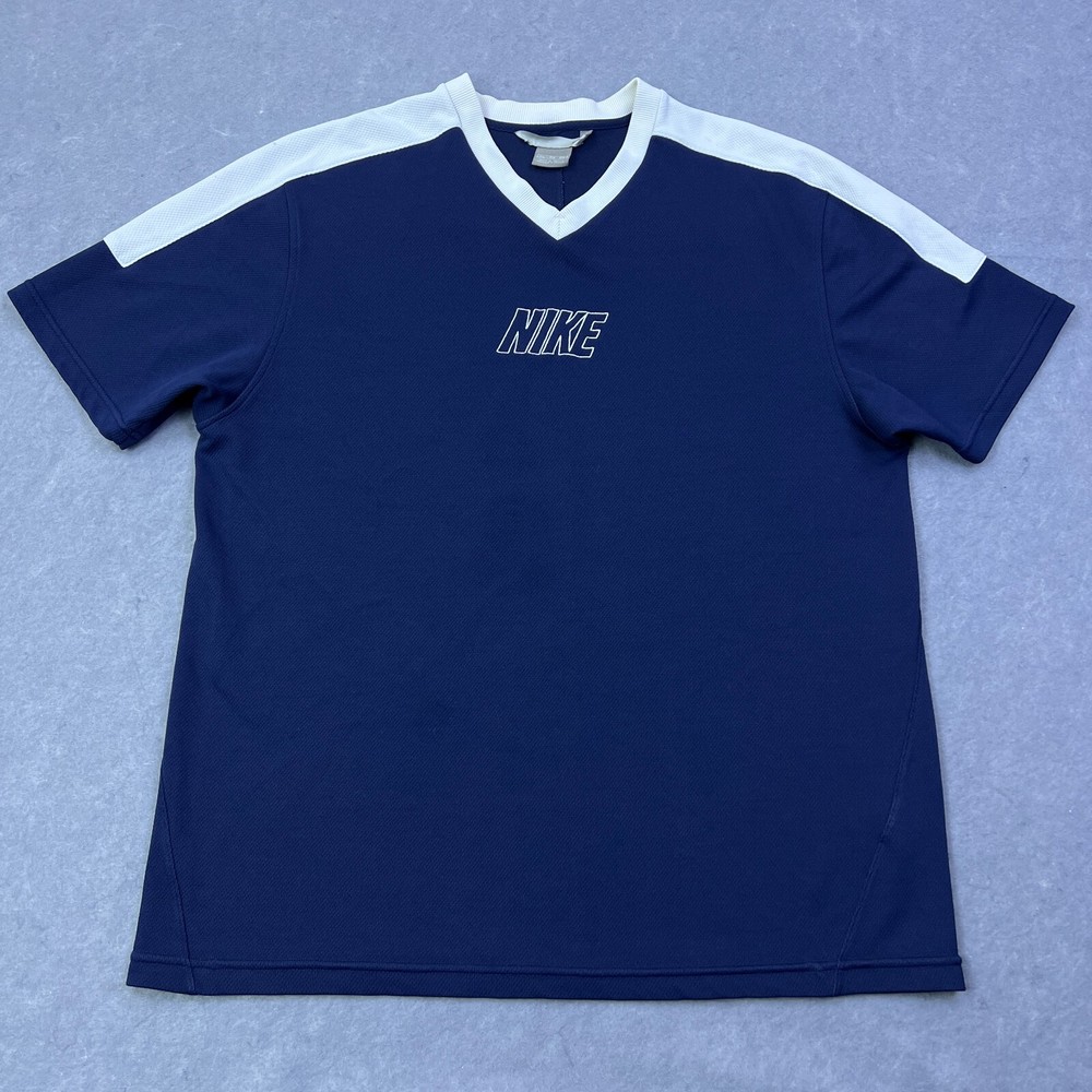 VTG Nike Shirt Mens XXL Blue V-Neck Sports Grey Tag Spellout Graphic 00s Y2K Tee