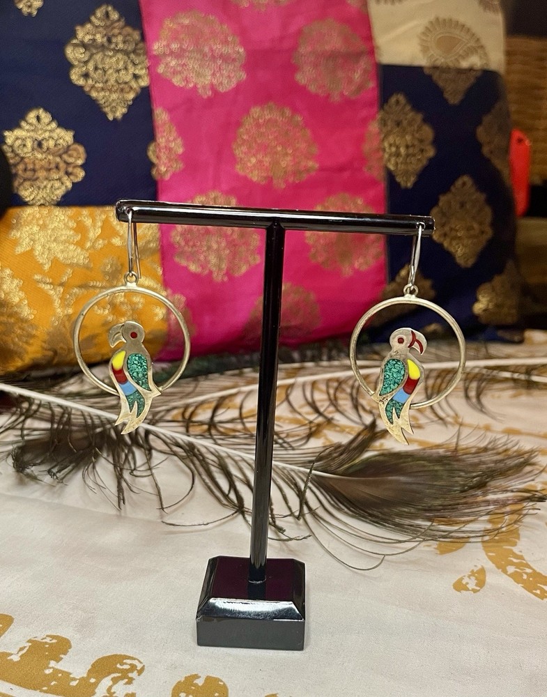 Vintage Mexico Parrot Earrings that feature crushed turquoise and gemstone Inlay