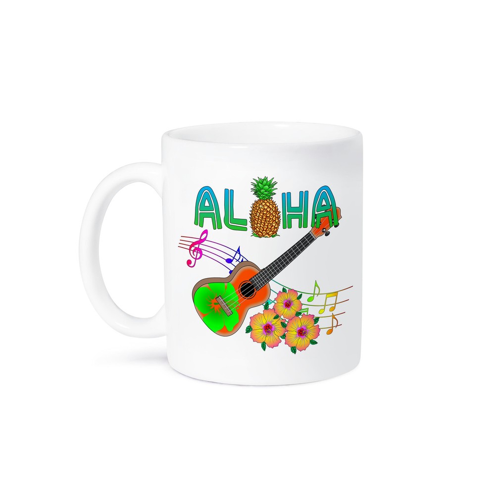 Aloha Tropical Mug with Ukulele and Music Notes Design