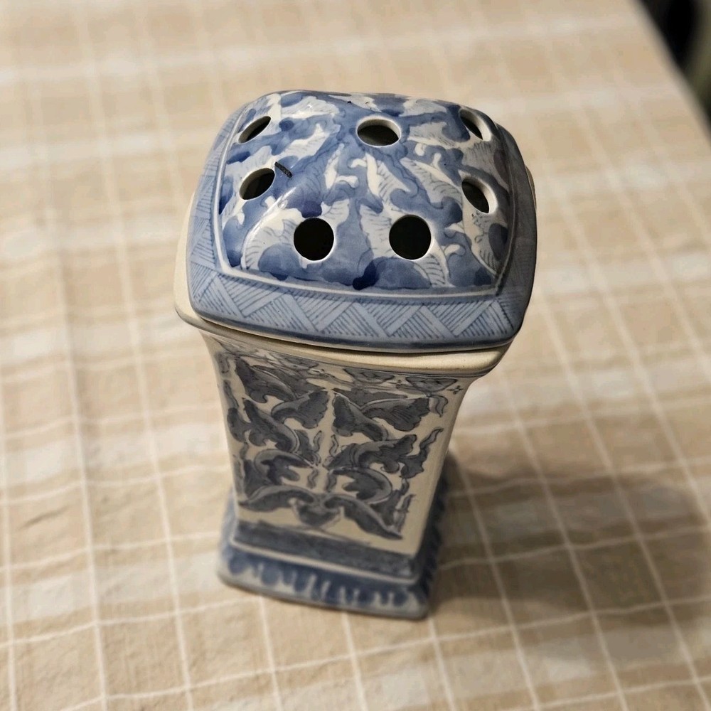 Unmarked Blue & White Ceramic Floral Rose Vase with Flower Frog Lid Top