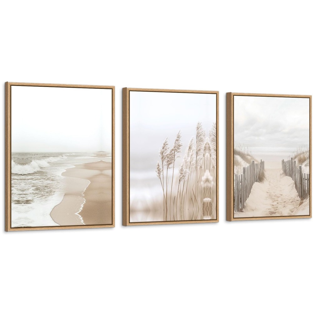 Neutral Beach Pampas Grass Wall Art Boho Coastal Canvas Wall Decor, Ocean Sho...