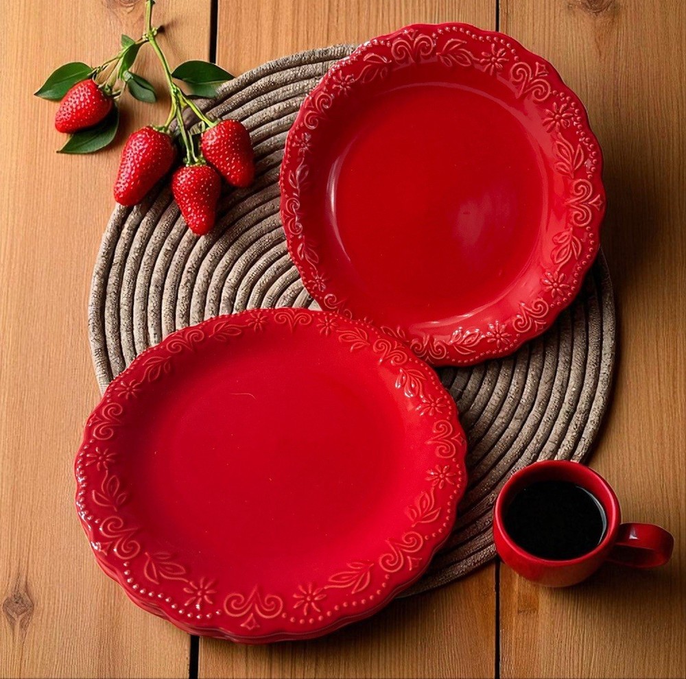 Pioneer Woman Set of 4 Red Toni Stoneware Salad Plates 8.5”