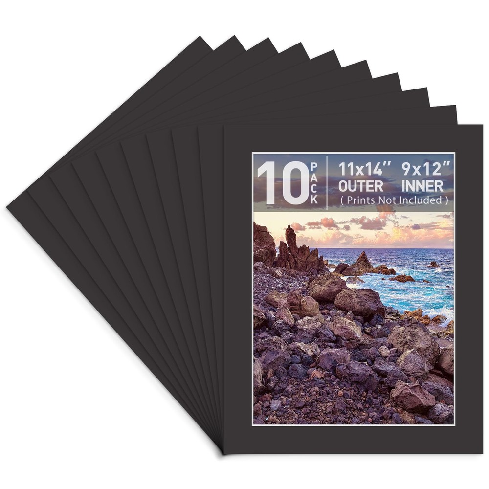 10 Pack 11x14 Black Acid-Free Mat Boards Bevel Cut Gallery Display White Core-image
