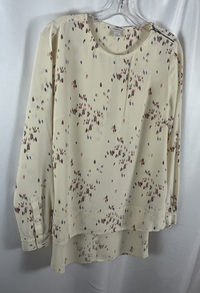 Fossil Womens Beige Silk Y2K Long Sleeve Tunic Blouse Medium Hand Wash