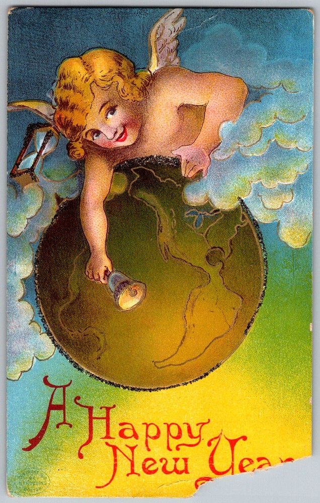 Antique Postcard New Year Cherub Globe 1910s