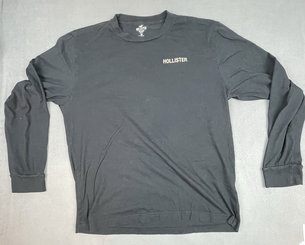 Hollister Crew Neck Shirt Mens L Black Long Sleeve Portrait Back Cotton Relaxed