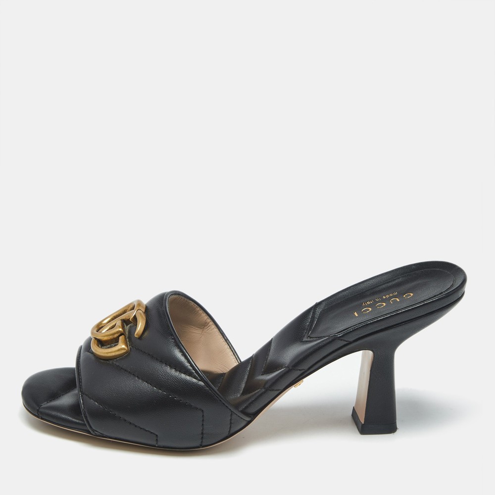 Gucci Black Matelasse Leather GG Marmont Slide Sandals Size 35.5