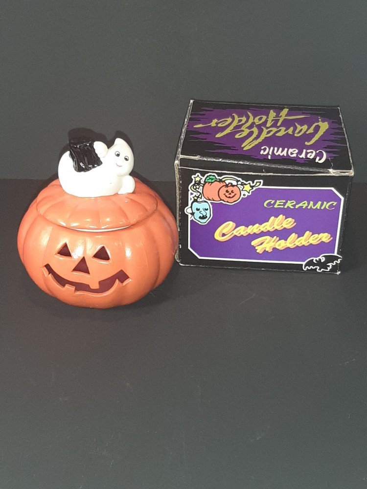 JACK O LANTERN Halloween Ceramic Candleholder 1994 Ghost Four Star With Box VTG