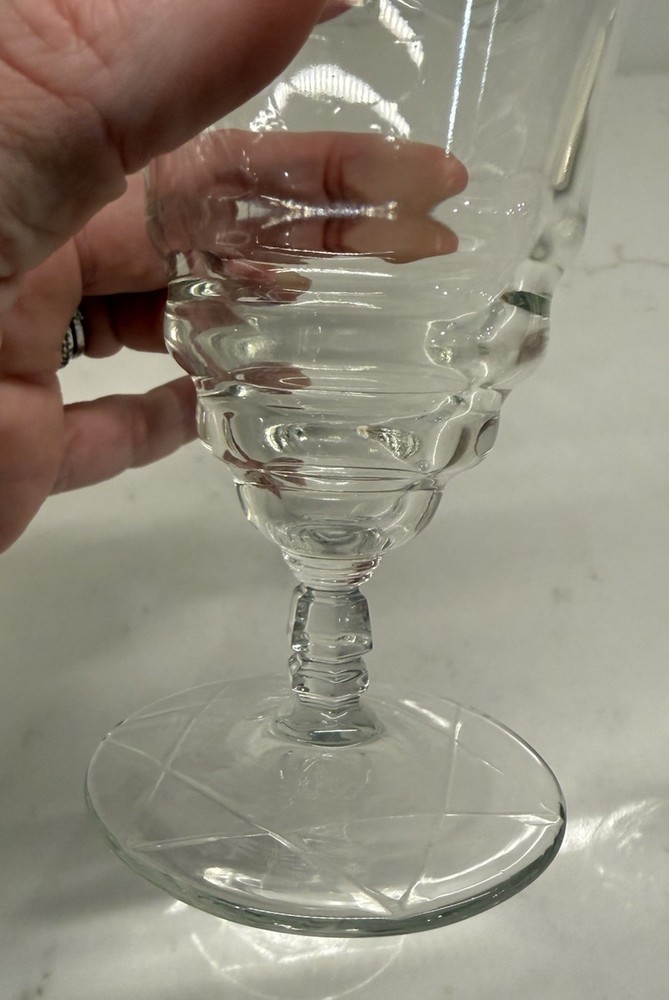 VTG Clear glass Rock Sharpe crystal goblet pair with etched floral pattern.