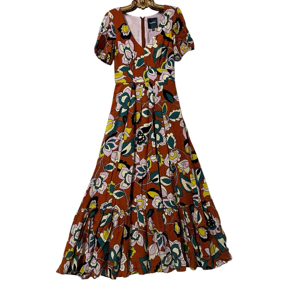 ModCloth Maxi Dress Women's Small Brown Floral Printed Rayon Cap Sleeve Boho