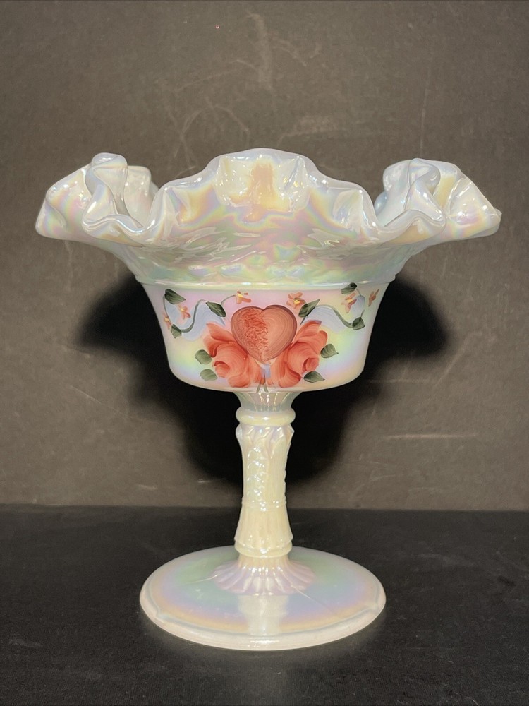 Fenton Ruffled White Iridescent Compote Bowl Dish Hand Painted Signed